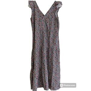 LOFT Women's Dress Floral Multi Color Blue Red White Summer XS Knee Midi Casual